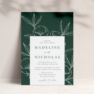Modern Botanical Floral Dark Green & Cream Wedding Invitation