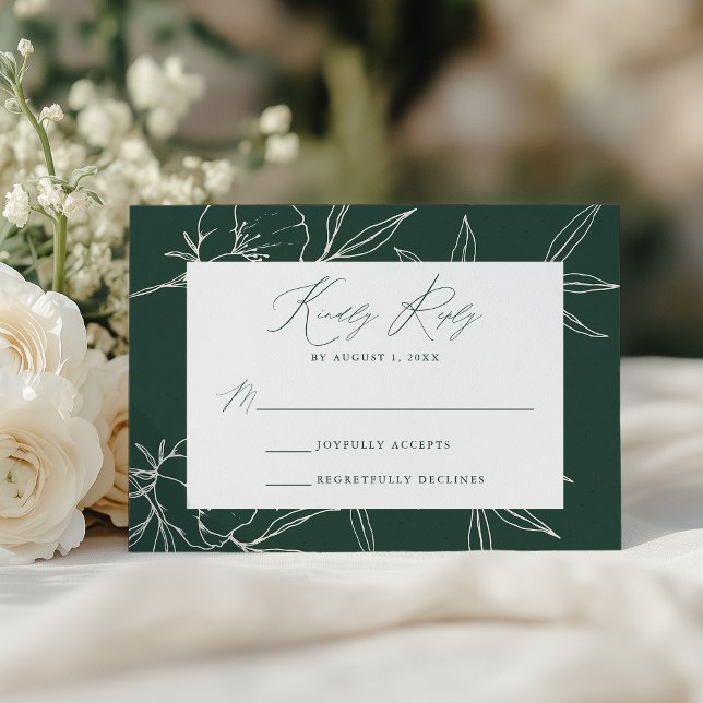 Modern Botanical Floral Dark Green & Cream Wedding RSVP Card (Creator Uploaded)