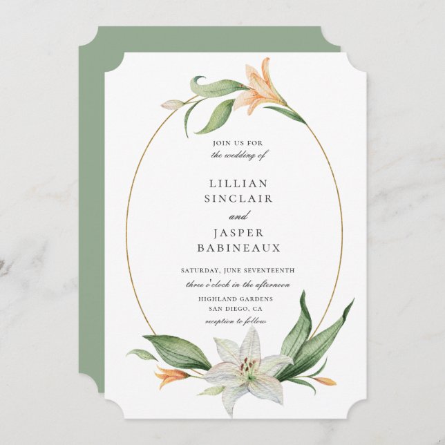 Modern Botanical Floral Lily Frame Wedding Invitation (Front/Back)