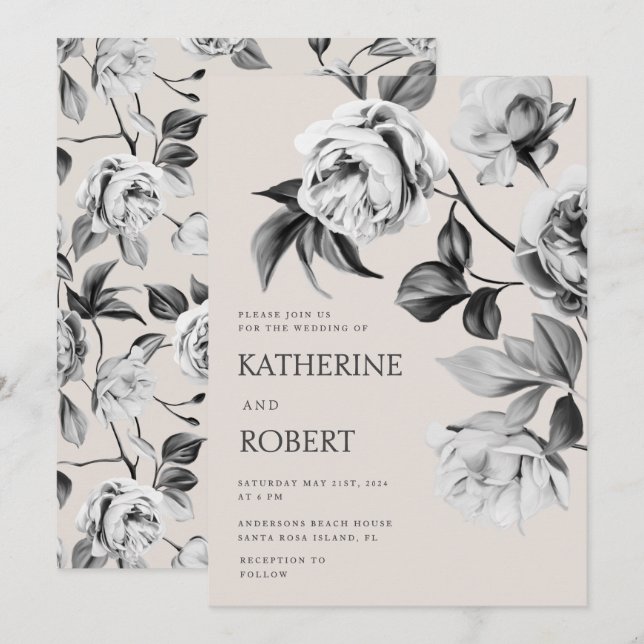 Modern Botanical Floral Roses Wedding Invitation (Front/Back)