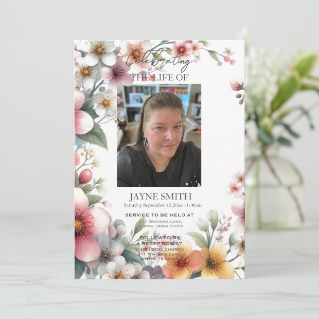 Modern botanical funeral memorial service e-vite invitation (Standing Front)