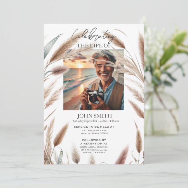 Modern botanical funeral memorial service e-vite invitation (Standing Front)