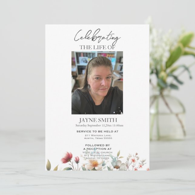 Modern botanical funeral memorial service e-vite invitation (Standing Front)