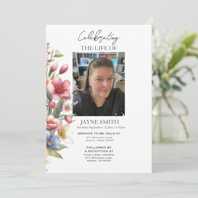 Modern botanical funeral memorial service e-vite invitation (Standing Front)