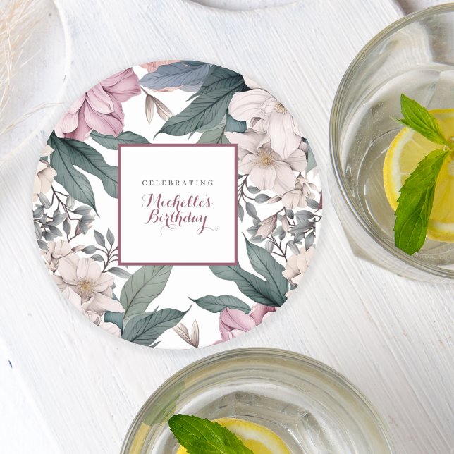 Modern Botanical Garden Floral Birthday Party Round Paper Coaster (Creator Uploaded)