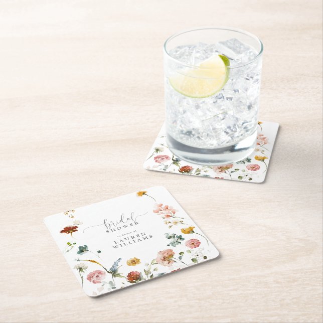 Modern Botanical Garden Flowers Bridal Shower Square Paper Coaster (Insitu)