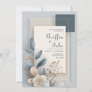 Modern Botanical Geometric Blue and Beige Wedding  Invitation