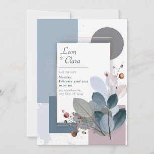 Modern Botanical Geometric Blue and Blush Wedding  Invitation