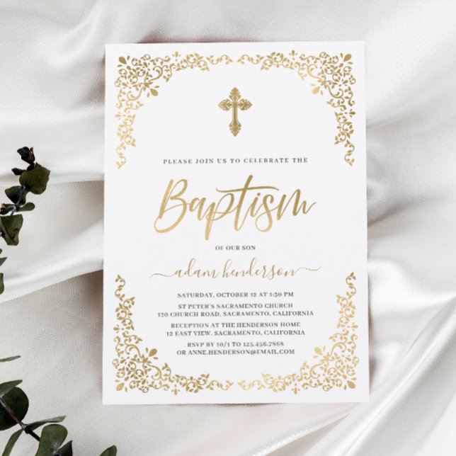 Modern Botanical Gold Baptism Invitation (Creator Uploaded)