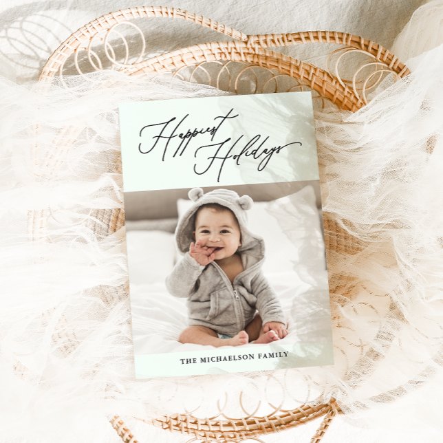 Modern Botanical Green Happiest Holidays Photo Holiday Card (Creator Uploaded)