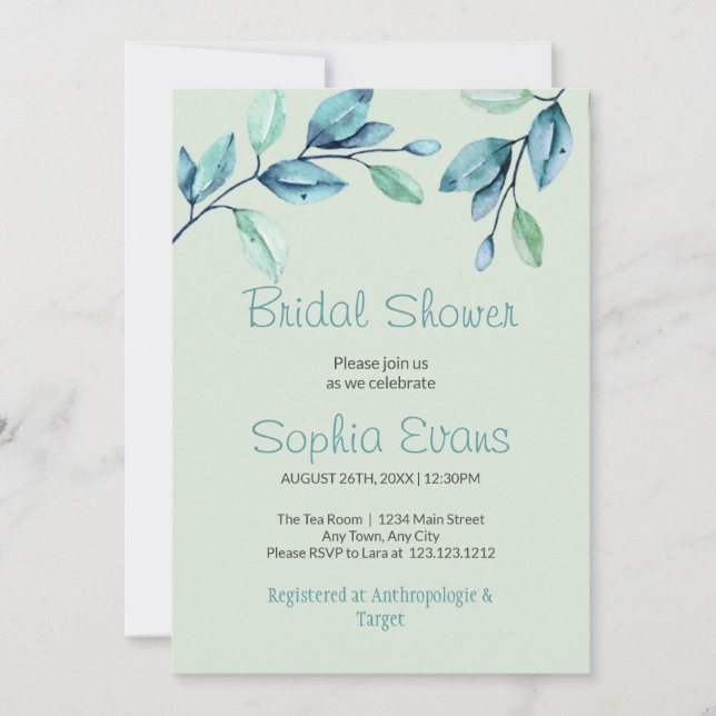 Modern Botanical Green Leaves Green Bridal Shower Invitation (Front)