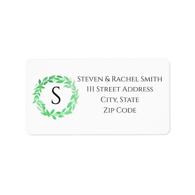 Modern Botanical Green Watercolor Wreath Monogram Label (Front)
