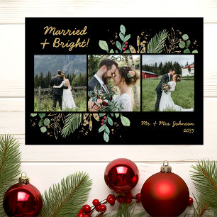 Modern Botanical Greenery 3 Photo Married & Bright Holiday Card