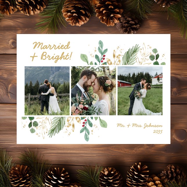 Modern Botanical Greenery 3 Photo Married & Bright Holiday Card (Creator Uploaded)