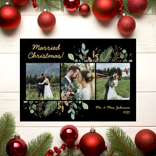 Modern Botanical Greenery 3 Photo Wedding Holiday Card