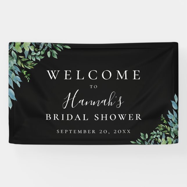Modern Botanical Greenery Black Party Banner (Horizontal)