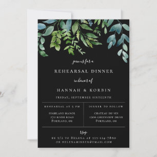 Modern Botanical Greenery Black Rehearsal Dinner Announcement