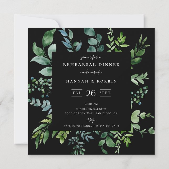 Modern Botanical Greenery Black Rehearsal Dinner Invitation (Front)