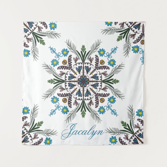 Modern Botanical Greenery Bohemian Mandala Name Tapestry (Front)