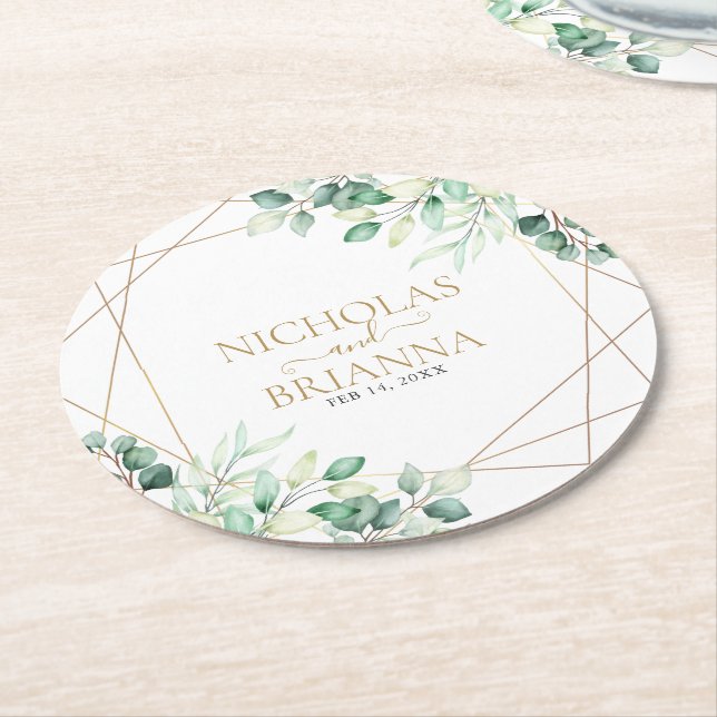 Modern Botanical Greenery Eucalyptus Gold Wedding Round Paper Coaster (Angled)