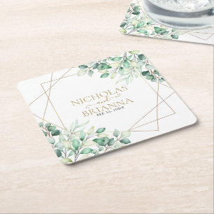 Modern Botanical Greenery Eucalyptus Gold Wedding Square Paper Coaster