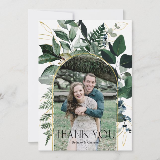 Modern Botanical Greenery foliage Wedding photo Thank You Card (Front)