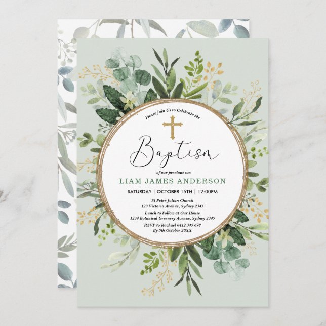 Modern Botanical Greenery Gold Wreath Baptism Invitation (Front/Back)