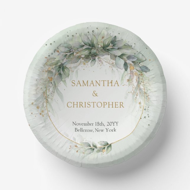 Modern botanical greenery leaf gold frame paper plate (Front)