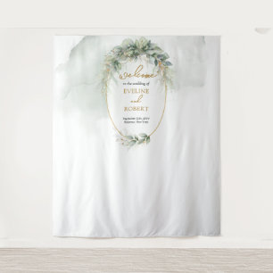 Modern botanical greenery leaf gold oval backdrop tapestry