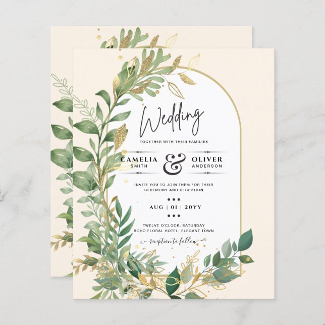 Modern Botanical Greenery Leaf Gold Wedding Invite (Front/Back)