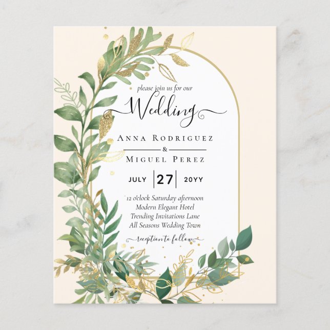 Modern Botanical Greenery Leaf Gold Wedding Invite Flyer (Front)