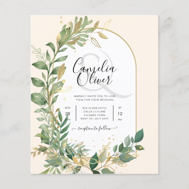 Modern Botanical Greenery Leaf Gold Wedding Invite Flyer (Front)