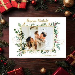 Modern Botanical Greenery Photo Buon Natale Holiday Card