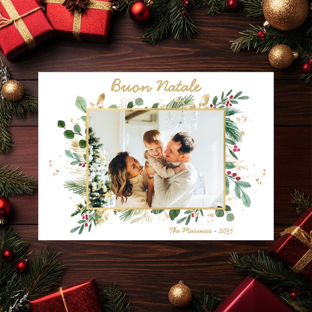 Modern Botanical Greenery Photo Buon Natale Holiday Card (Creator Uploaded)