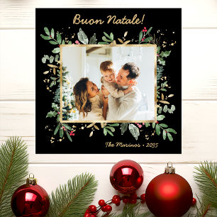 Modern Botanical Greenery Photo Buon Natale Holiday Card