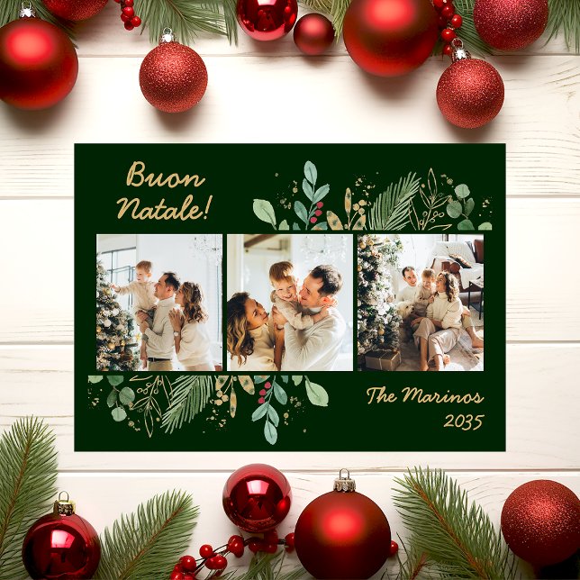 Modern Botanical Greenery Photo Buon Natale Holiday Card (Creator Uploaded)