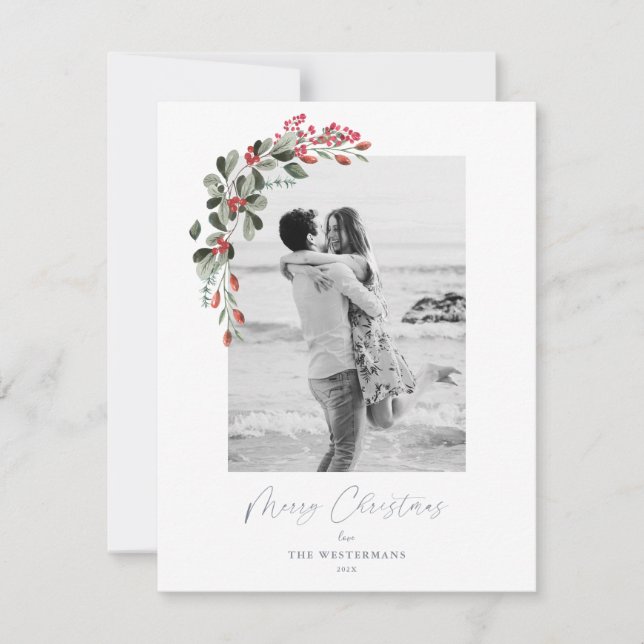 Modern Botanical Greenery Photo Christmas Card (Front)