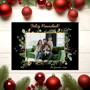 Modern Botanical Greenery Photo Feliz Navidad Holiday Card