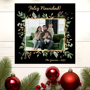 Modern Botanical Greenery Photo Feliz Navidad Holiday Card
