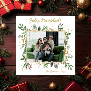 Modern Botanical Greenery Photo Feliz Navidad Holiday Card