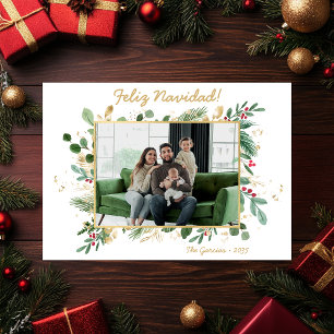 Modern Botanical Greenery Photo Feliz Navidad Holiday Card