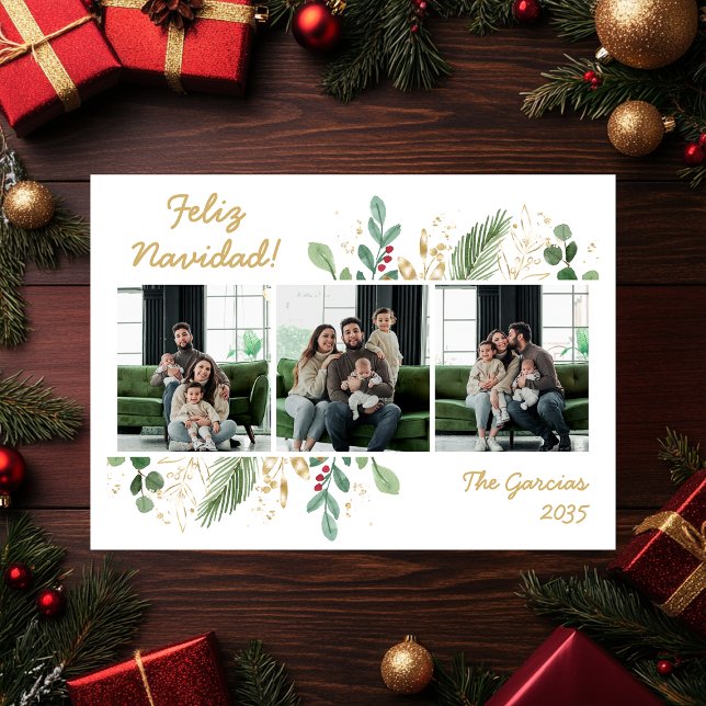 Modern Botanical Greenery Photo Feliz Navidad Holiday Card (Creator Uploaded)