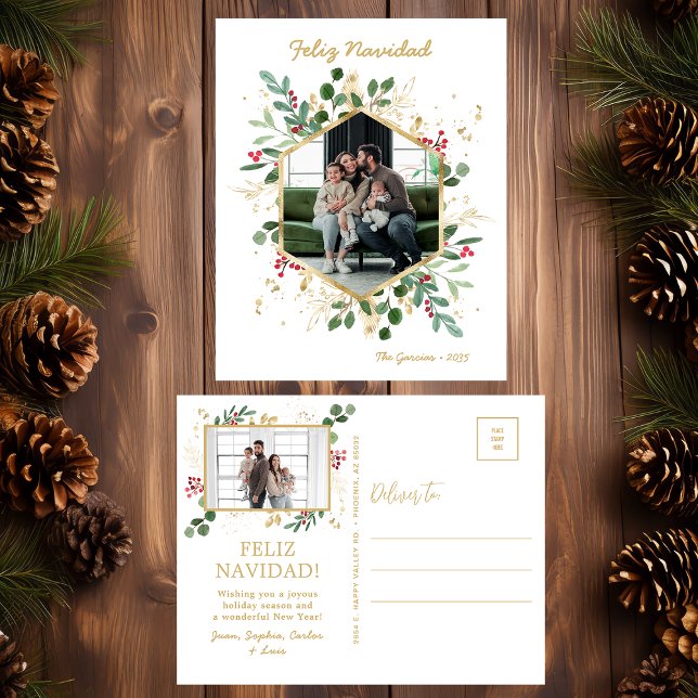 Modern Botanical Greenery Photo Feliz Navidad Holiday Postcard (Creator Uploaded)