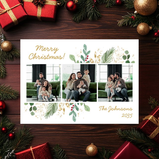 Modern Botanical Greenery Photo Holiday Card (Creator Uploaded)