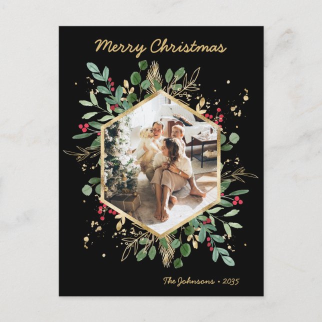 Modern Botanical Greenery Photo Holiday Postcard (Front)