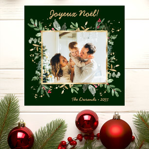 Modern Botanical Greenery Photo Joyeux Noel Holiday Card