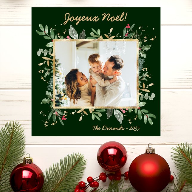 Modern Botanical Greenery Photo Joyeux Noel Holiday Card (Creator Uploaded)