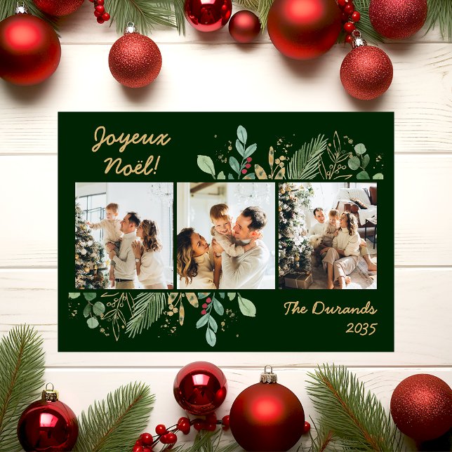 Modern Botanical Greenery Photo Joyeux Noel Holiday Card (Creator Uploaded)