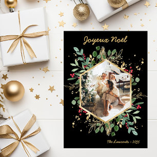 Modern Botanical Greenery Photo Joyeux Noel Holiday Card