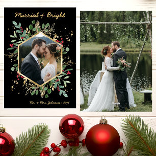 Modern Botanical Greenery Photo Married and Bright Holiday Card